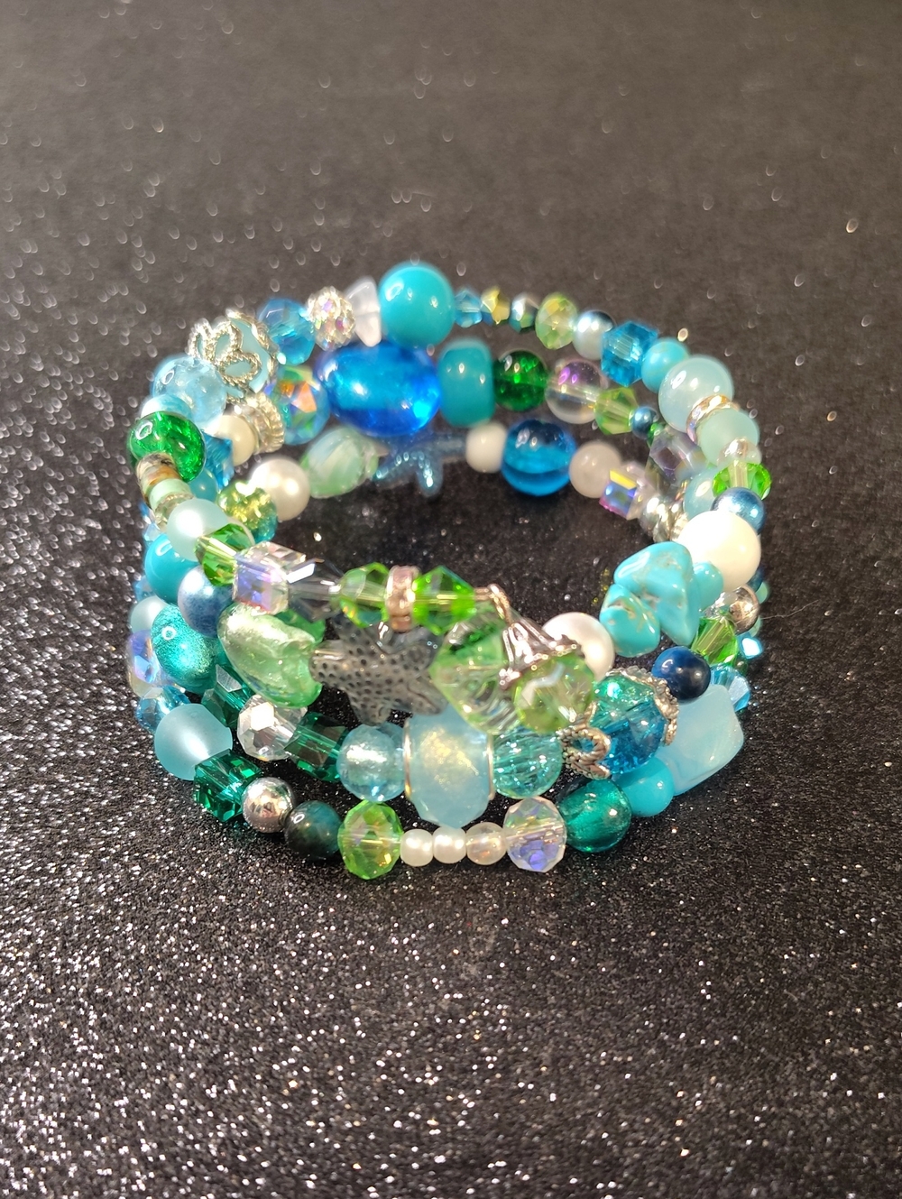 "Under The Sea" Handmade spiral Bracelet Mixed glass Blue/Green color Beads